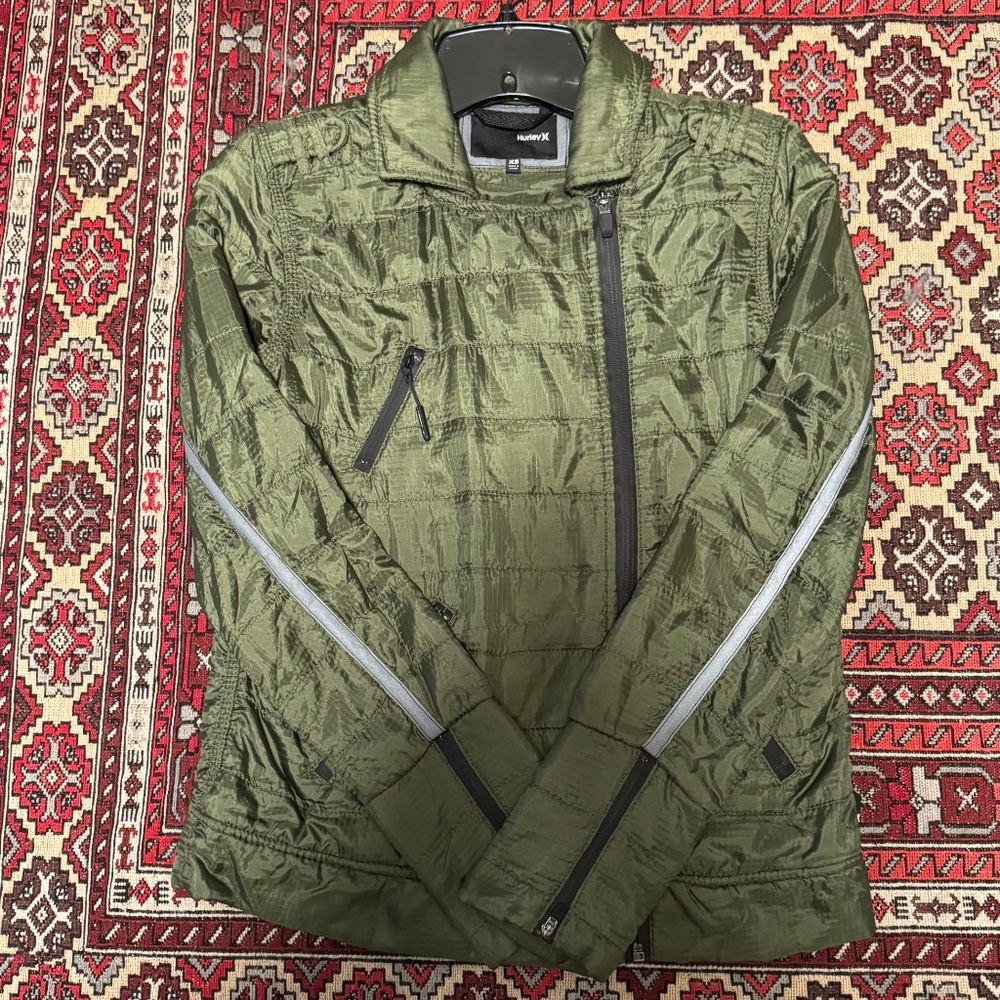 Hurley Moto Style Olive Green Zipper Reflective Para Zipper Jacket - Size XS